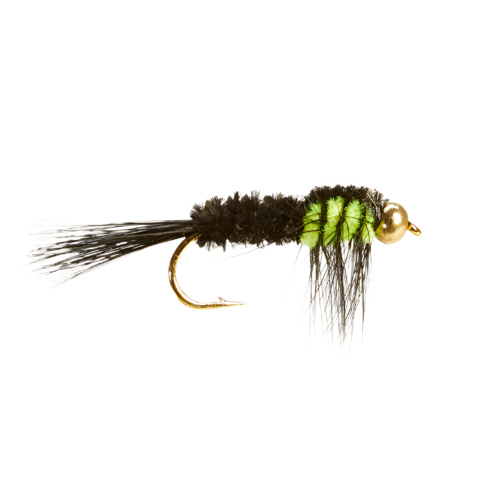 A green and black montana fishing fly with a beadhead and a hook, used for fly fishing.