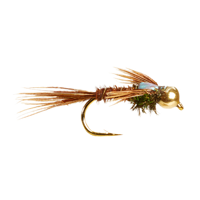 A single gold-colored beadhead pheasant tail flash fishing lure with a hook, feathered with brown and green, against a white background.